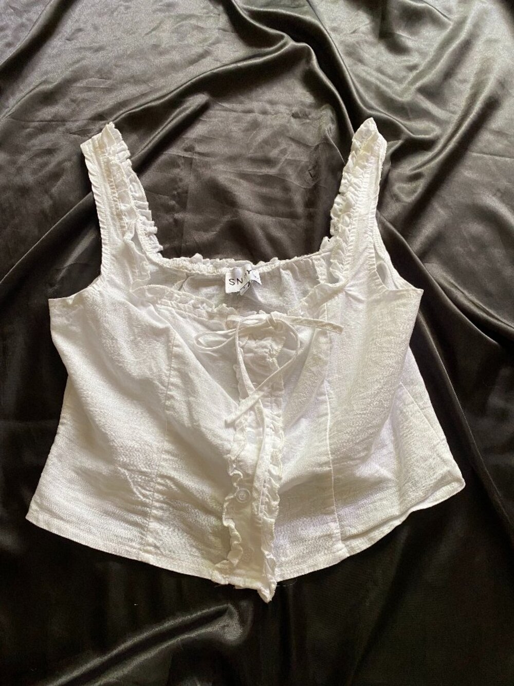 SNDY's White Cotton Linen Cottage Top Milkmaid Boho Ruffle Small Cropped